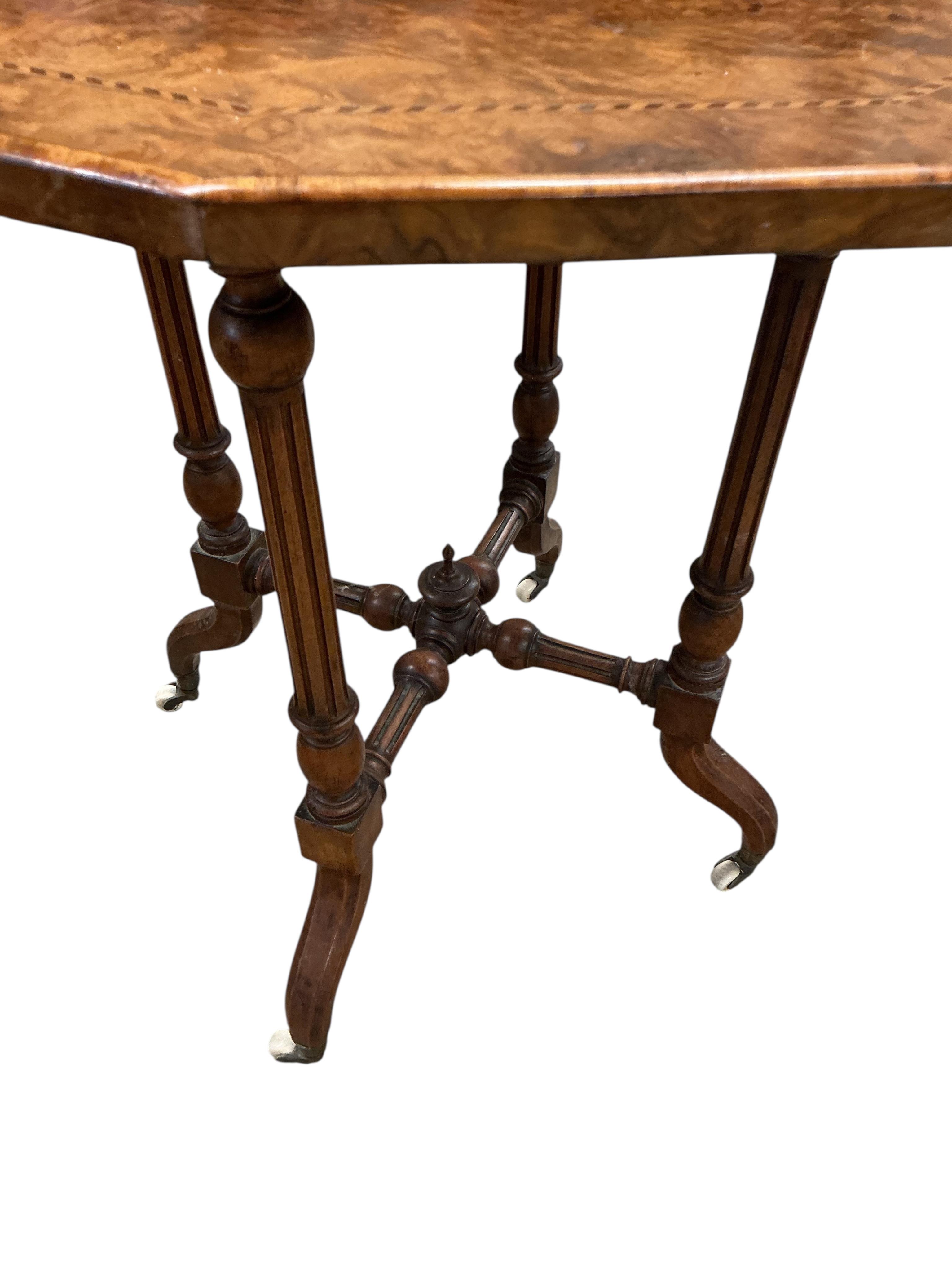 A Victorian octagonal walnut marquetry inlaid occasional table, width 58cm, height 63cm